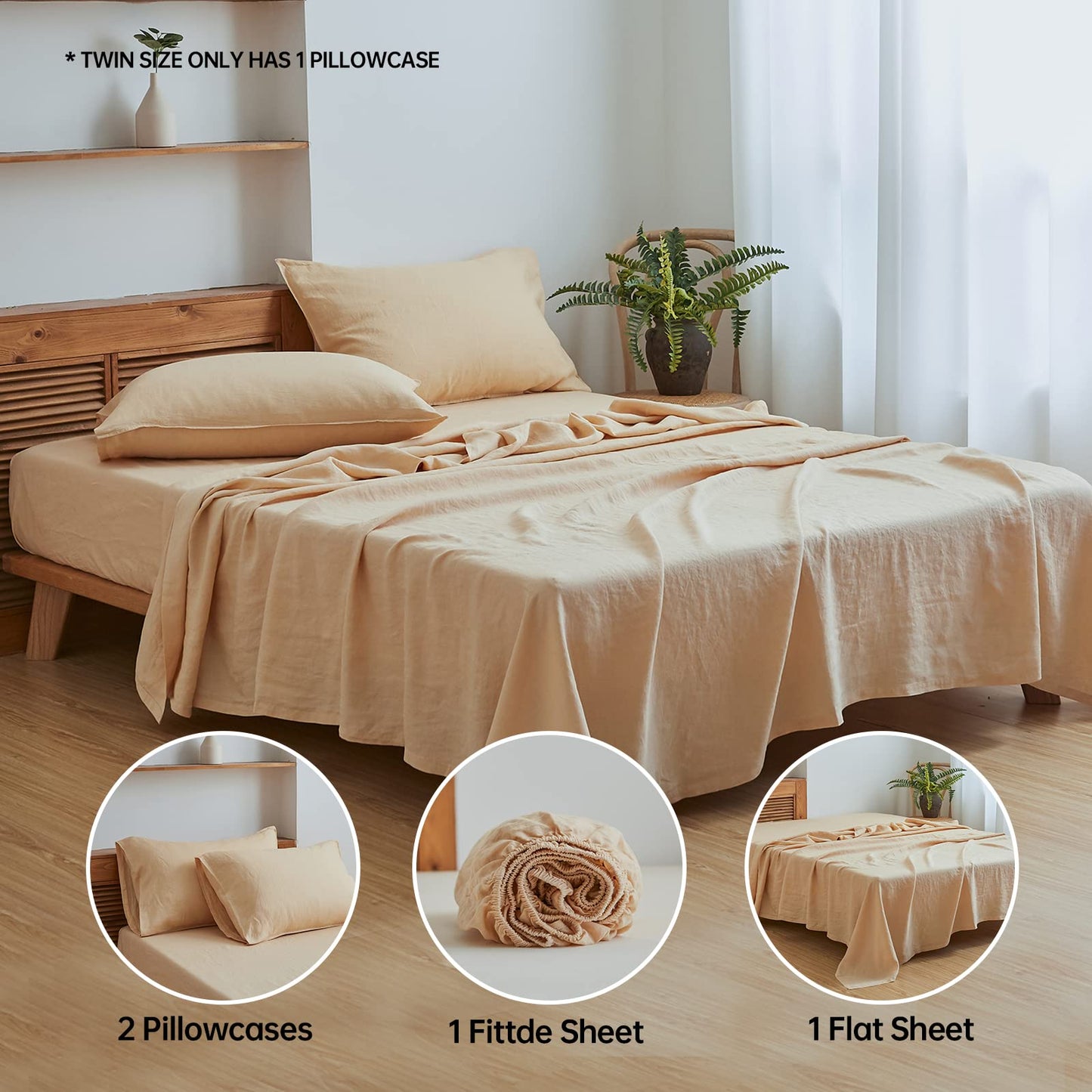 Flax King Size Washed Belgian Linen Bed Sheet Set