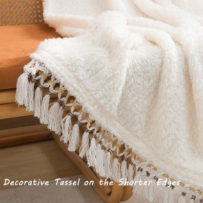 Tassled Antique White Ultra Soft Cozy Sherpa Throw Blanket