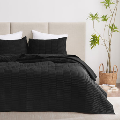 EXQ Home Quilt Set Full/Queen Size Black 3 Piece,Lightweight Microfiber Coverlet Modern Style Stitched Quilt Pattern Bedspread Set(1 Quilt,2 Pillow Shams)