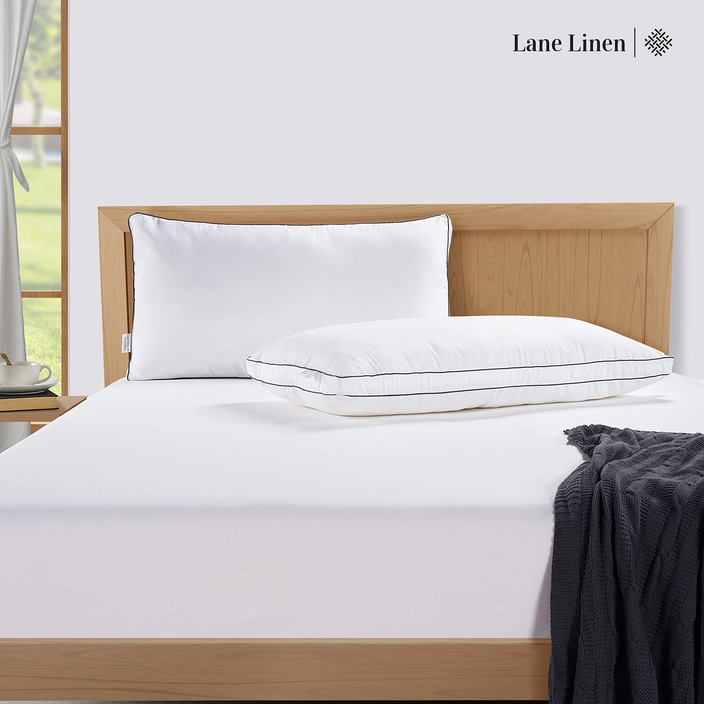 LANE LINEN Gusseted Soft Bed Pillows Standard Size Set of 2 for Sleeping, Back, Stomach or Side Sleepers, Down Alternative , White - 20 x 26 Inches