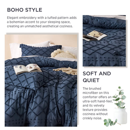 Bedsure Queen Comforter Set - Navy Blue Comforter, Boho Tufted Shabby Chic Bedding Comforter Set, 3 Pieces Vintage Farmhouse Bed Set for All Seasons, Fluffy Soft Bedding Set with 2 Pillow Shams