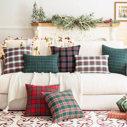 AQOTHES Pack of 2 Christmas Plaid Decorative Throw Pillow Covers Scottish Tartan Cushion Case for Farmhouse Home Holiday Decor Red and Black, 18 x 18 Inches