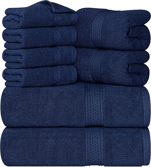 Utopia Towels 8-Piece Premium Towel Set, 2 Bath Towels, 2 Hand Towels, and 4 Wash Cloths, 600 GSM 100% Ring Spun Cotton Highly Absorbent Towels for Bathroom, Gym, Hotel, and Spa (Navy Blue)