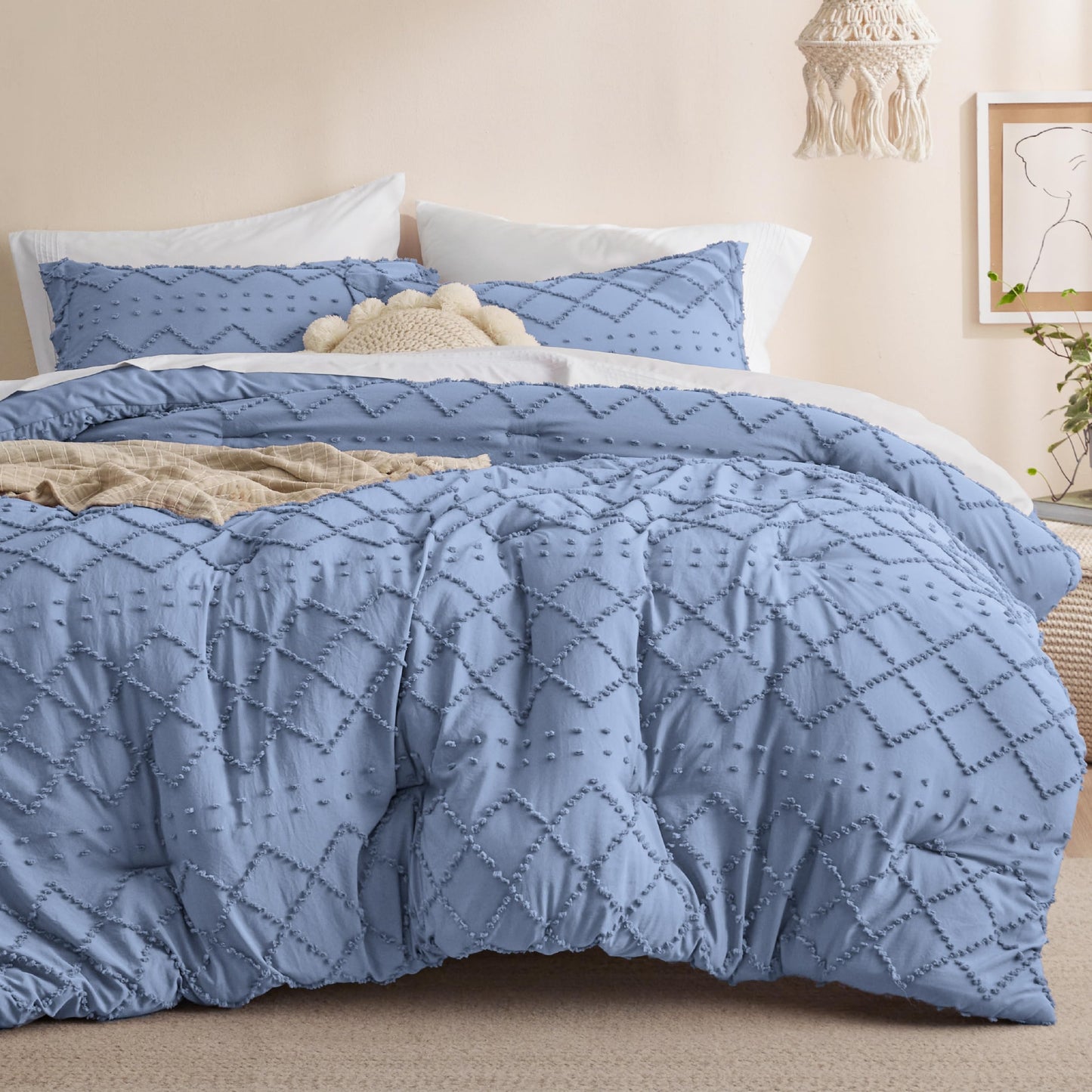 Bedsure Queen Comforter Set - Mineral Blue Comforter, Boho Tufted Shabby Chic Bedding Comforter Set, 3 Pieces Vintage Farmhouse Bed Set for All Seasons, Fluffy Soft Bedding Set with 2 Pillow Shams