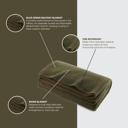 Olive Drab Green Warm Fire Retardant Blanket, 66" x 90" (80% Wool)-US Military Style