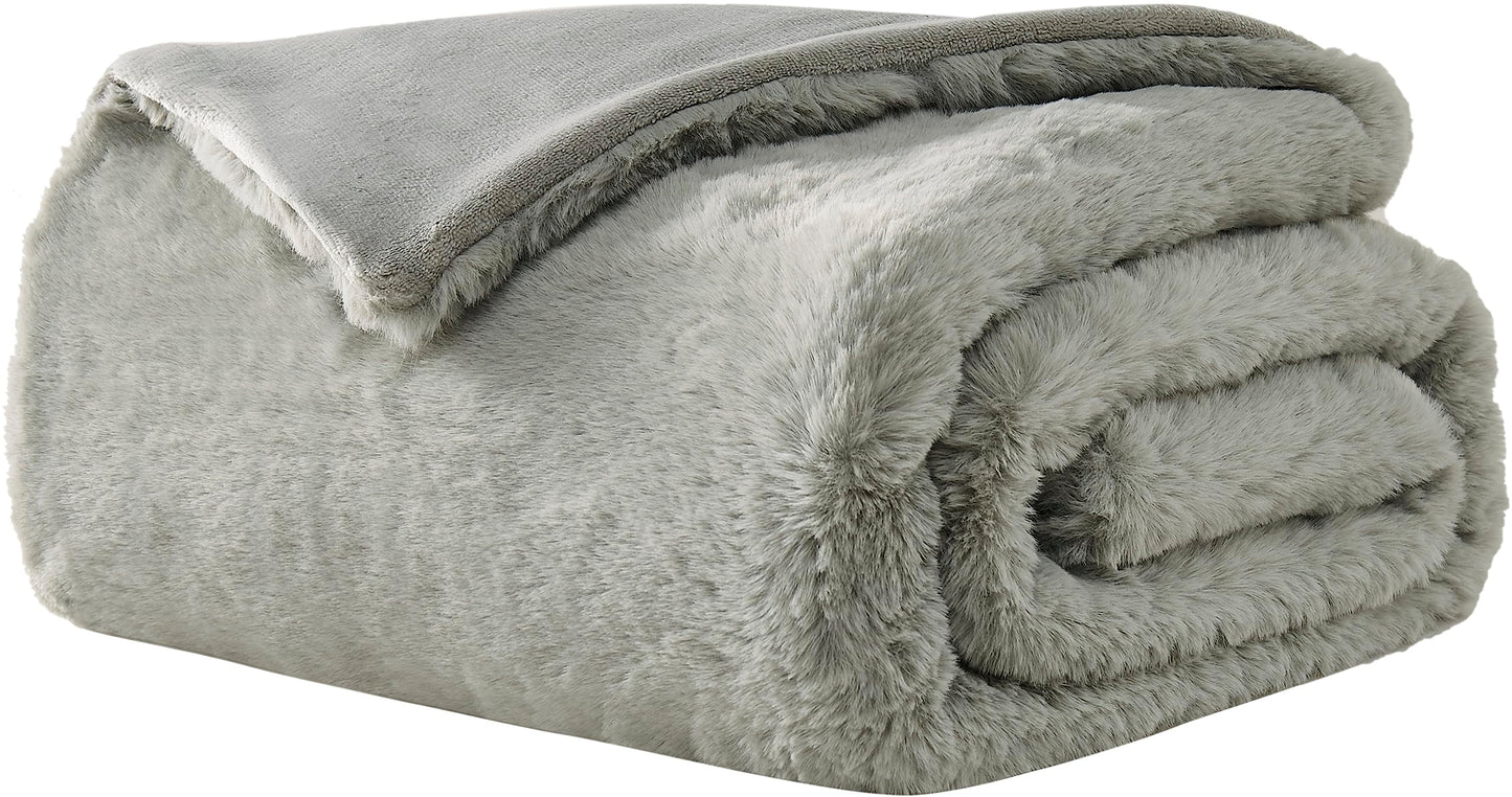 UGG Euphoria Silver Plush Faux Fur Reversible Throw Blanket