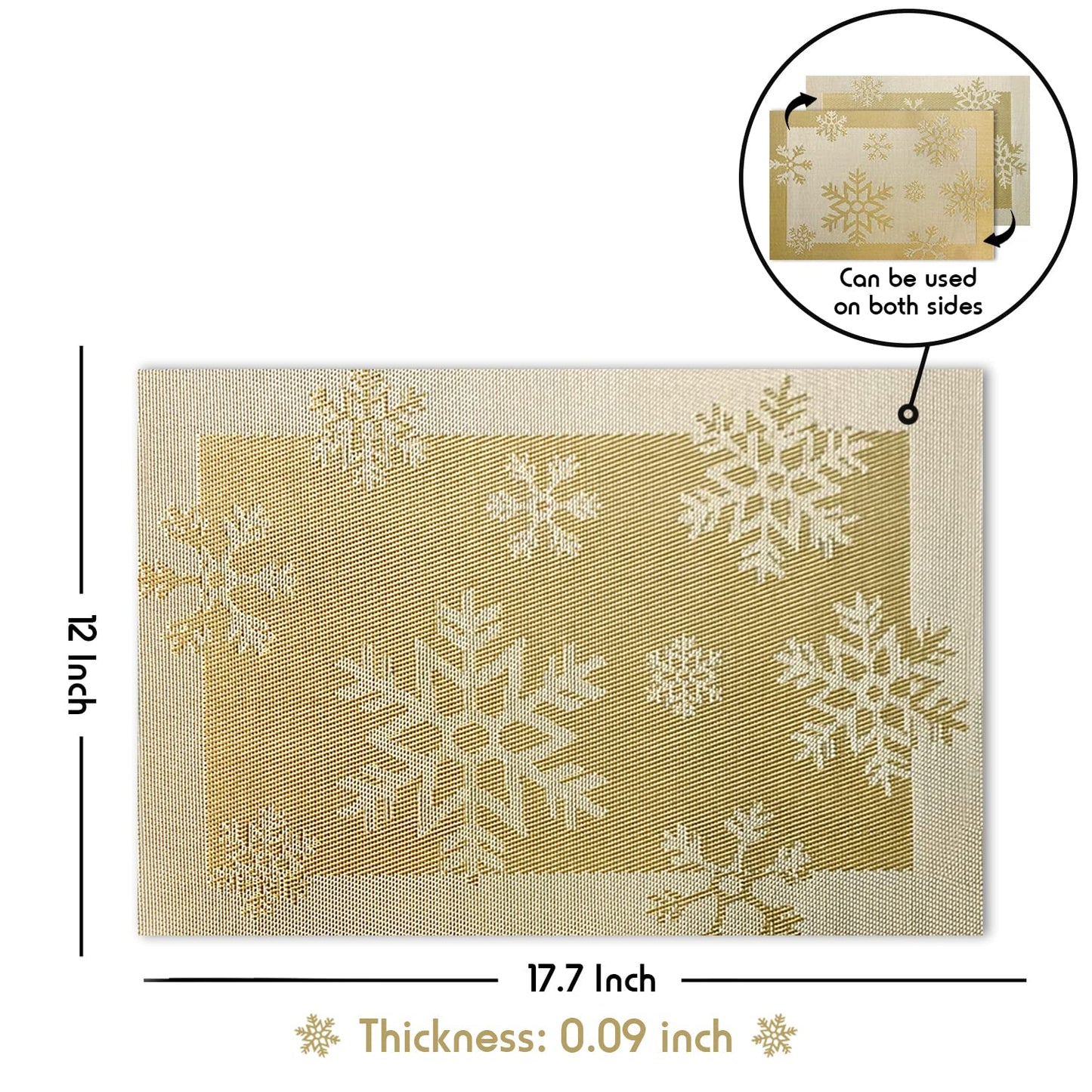 RIMOBUL Christmas Placemats Set of 6 Woven Vinyl Non-Slip Placemats Washable Table Mats Anti-Skid Placemats for Kitchen Table (Snow Gold)