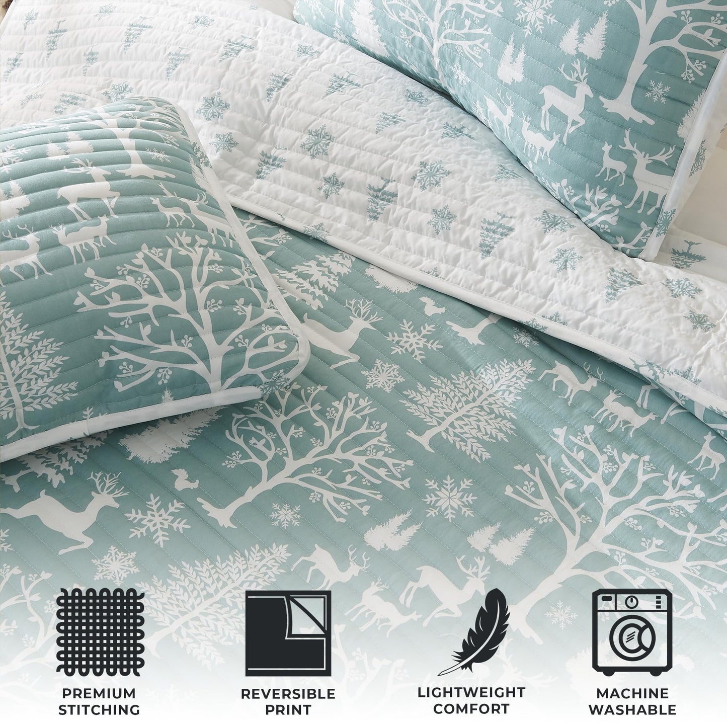 Great Bay Home Full/Queen Blue Winter Forest Quilt Set with Shams - Reversible Bedspread Coverlet with Versatile Holiday Pattern Bedding Set (Includes 1 Quilt, 2 Pillow Shams)