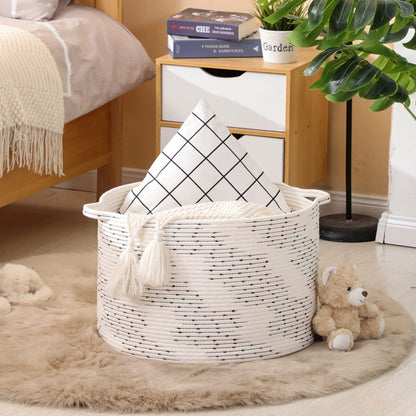 KAKAMAY Large Blanket Basket (20"x13"),Woven Baskets for storage Baby Laundry Hamper，Cotton Rope Blanket Basket for Living Room, Laundry, Nursery, Pillows, Off White with Blue & Brown Dotted Pattern