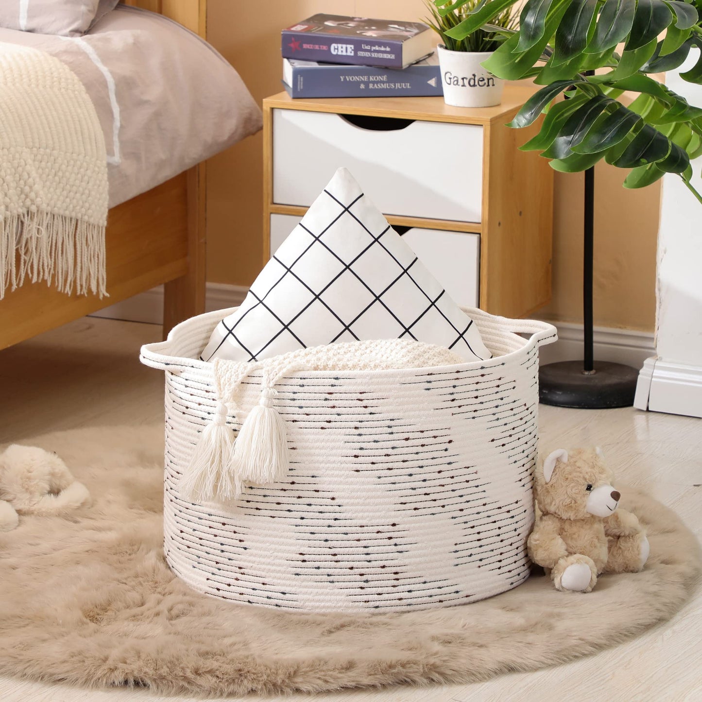 KAKAMAY Large Blanket Basket (20"x13"),Woven Baskets for storage Baby Laundry Hamper，Cotton Rope Blanket Basket for Living Room, Laundry, Nursery, Pillows, Off White with Blue & Brown Dotted Pattern