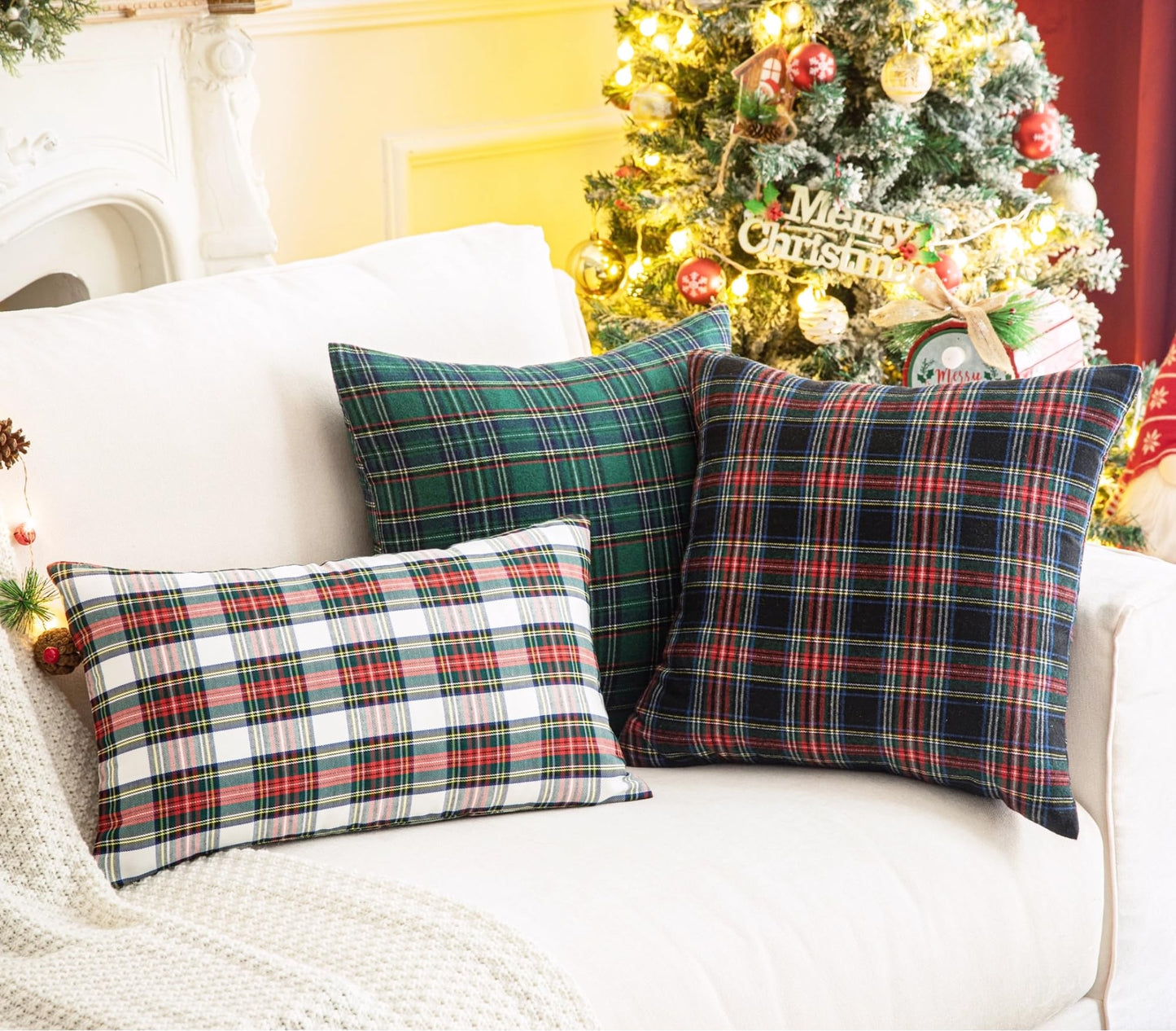 AQOTHES Pack of 2 Christmas Plaid Decorative Throw Pillow Covers Scottish Tartan Cushion Case for Farmhouse Home Holiday Decor Red and Black, 18 x 18 Inches