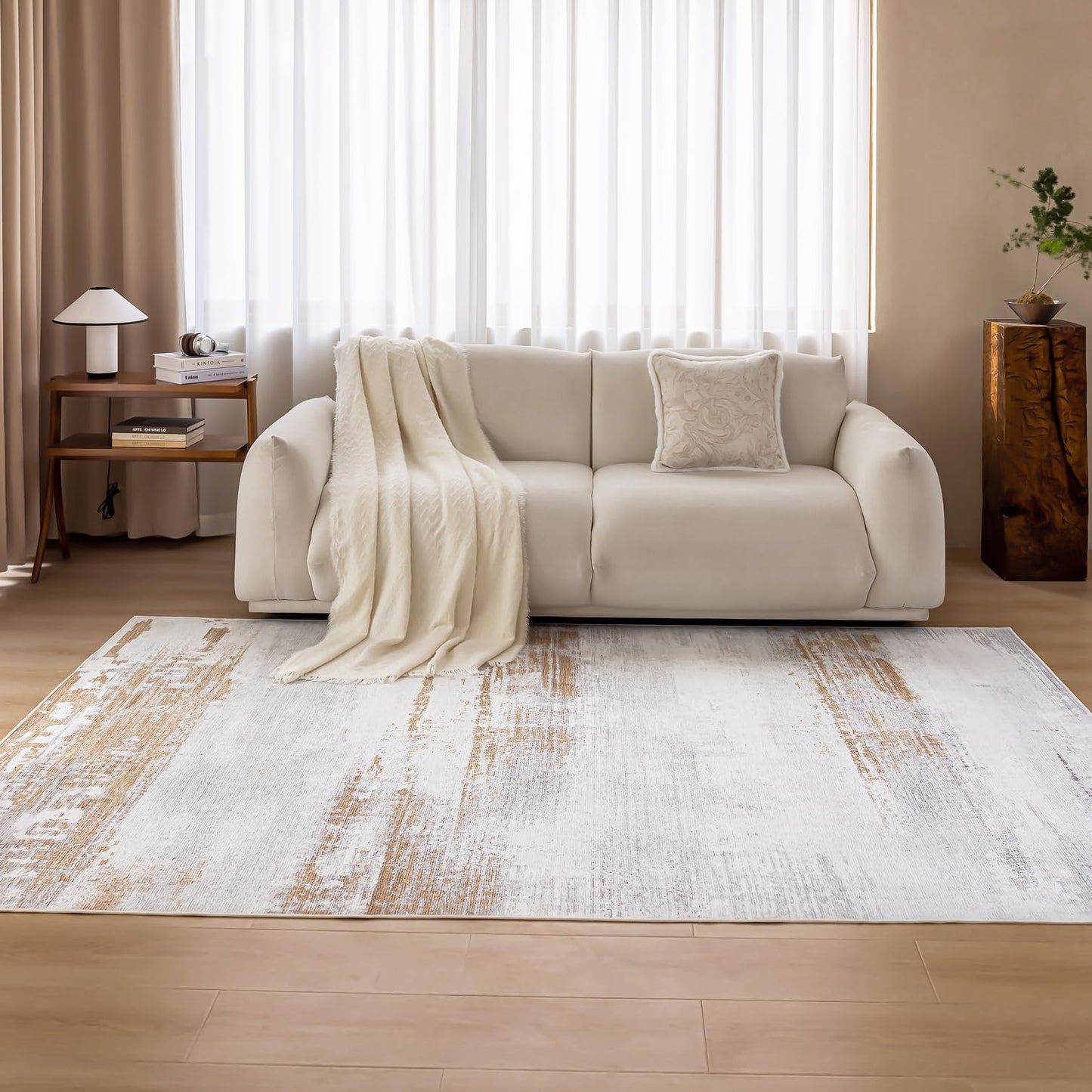 OMERAI Machine Washable Rug 5x7 Modern Abstract Area Rugs with Low-Pile Non-Shedding Foldable Area Rugs for Living Room, Stain Resistant Area Rugs for Bedroom Dining Room Rug Washable Beige Gray