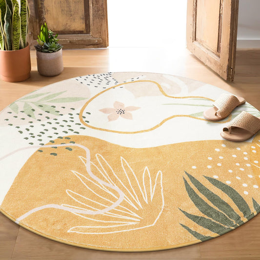 Lahome Boho Washable Round Rugs - 5ft Round Rug Non-Slip Soft Round Rugs for Living Room Throw Ultra-Thin Circle Area Rugs for Dining Room, Botanical Print Round Carpet for Nursery Classroom Office