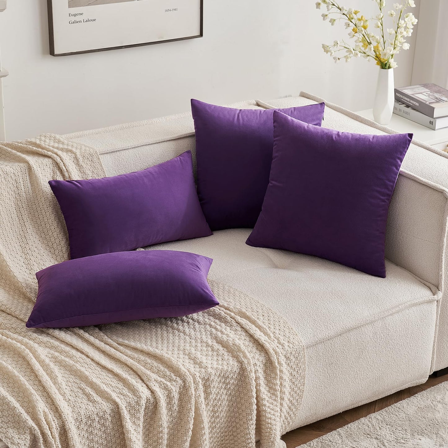 MIULEE Pack of 2 Purple Velvet Throw Pillow Covers 18x18 Inch Soft Solid Decorative Square Set Cushion Cases for Couch Sofa Bedroom