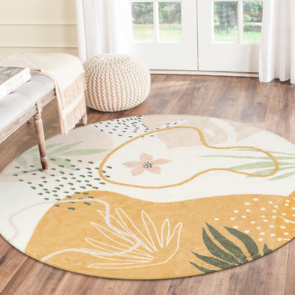 Lahome Boho Washable Round Rugs - 5ft Round Rug Non-Slip Soft Round Rugs for Living Room Throw Ultra-Thin Circle Area Rugs for Dining Room, Botanical Print Round Carpet for Nursery Classroom Office