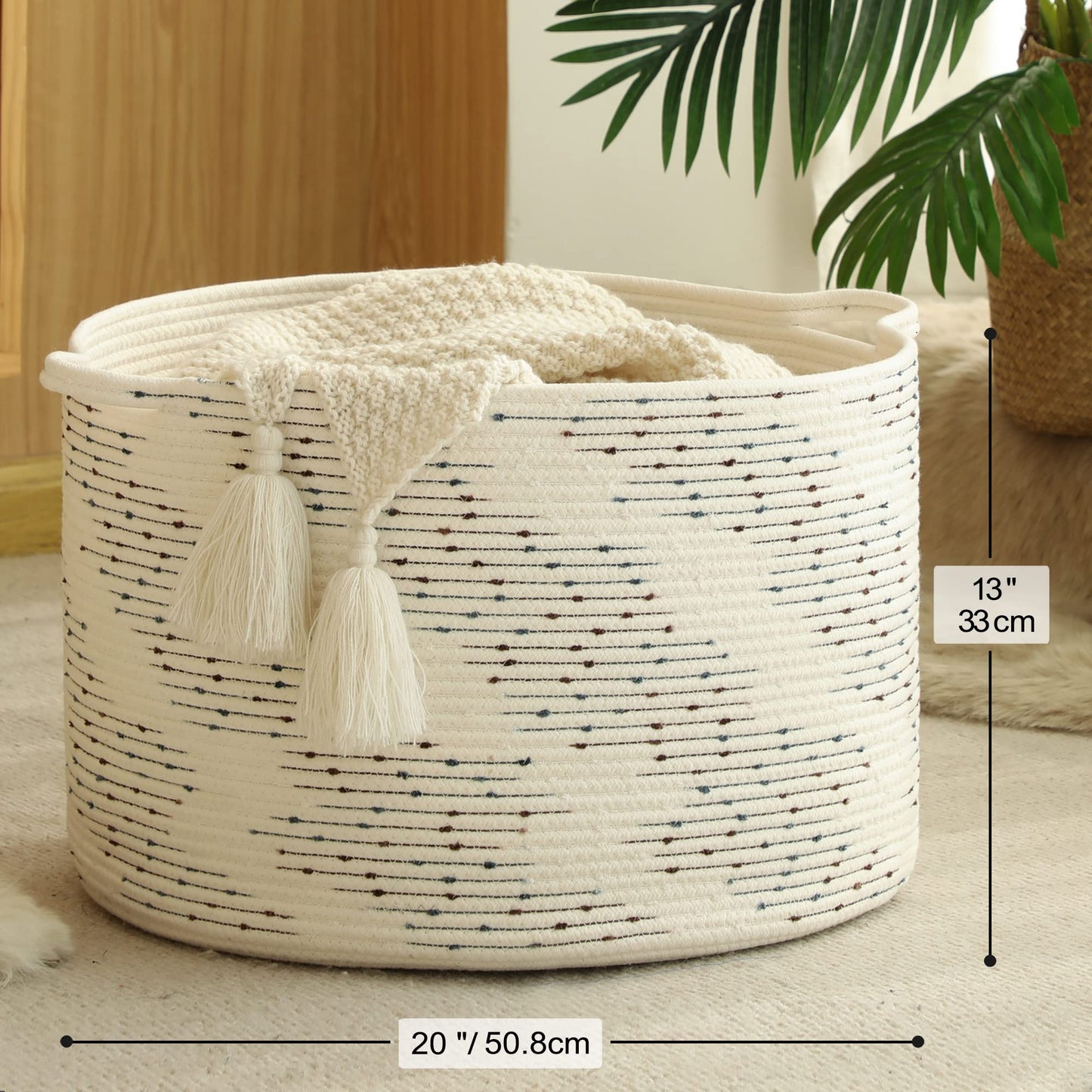 KAKAMAY Large Blanket Basket (20"x13"),Woven Baskets for storage Baby Laundry Hamper，Cotton Rope Blanket Basket for Living Room, Laundry, Nursery, Pillows, Off White with Blue & Brown Dotted Pattern