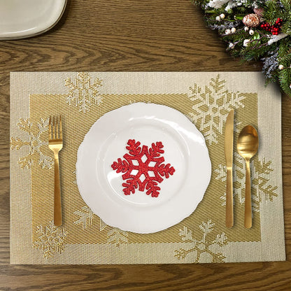 RIMOBUL Christmas Placemats Set of 6 Woven Vinyl Non-Slip Placemats Washable Table Mats Anti-Skid Placemats for Kitchen Table (Snow Gold)