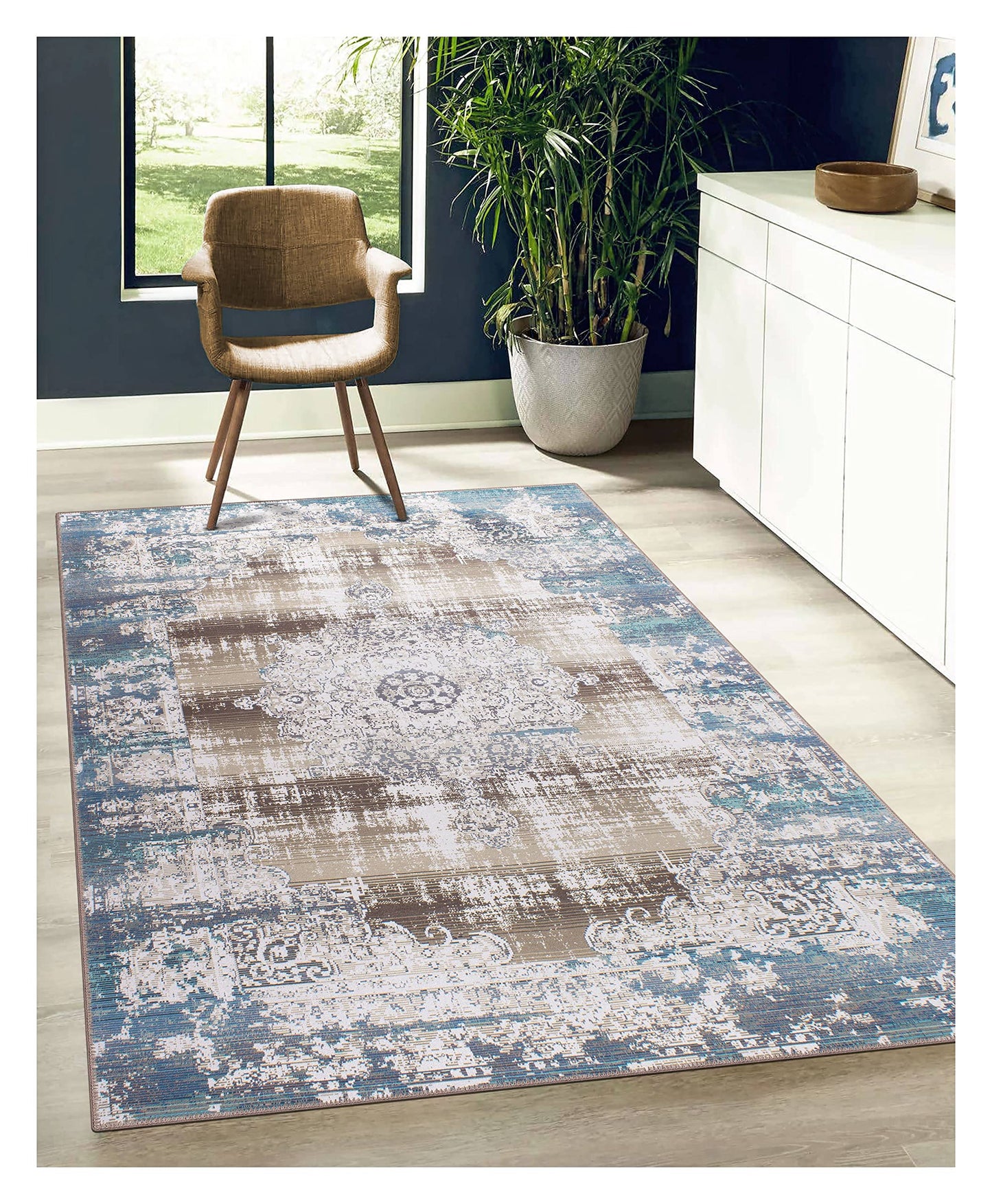 GLN Rugs Machine Washable Area Rug, Rugs for Living Room, Rugs for Bedroom, Bathroom Rug, Kitchen Rug, Printed Vintage Rug, Home Decor Traditional Carpet (Green/Brown, 3' x 5'2")