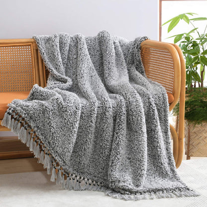 Tassled Ombre Black Soft Cozy Sherpa Throw Blanket