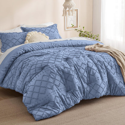 Bedsure Queen Comforter Set - Mineral Blue Comforter, Boho Tufted Shabby Chic Bedding Comforter Set, 3 Pieces Vintage Farmhouse Bed Set for All Seasons, Fluffy Soft Bedding Set with 2 Pillow Shams