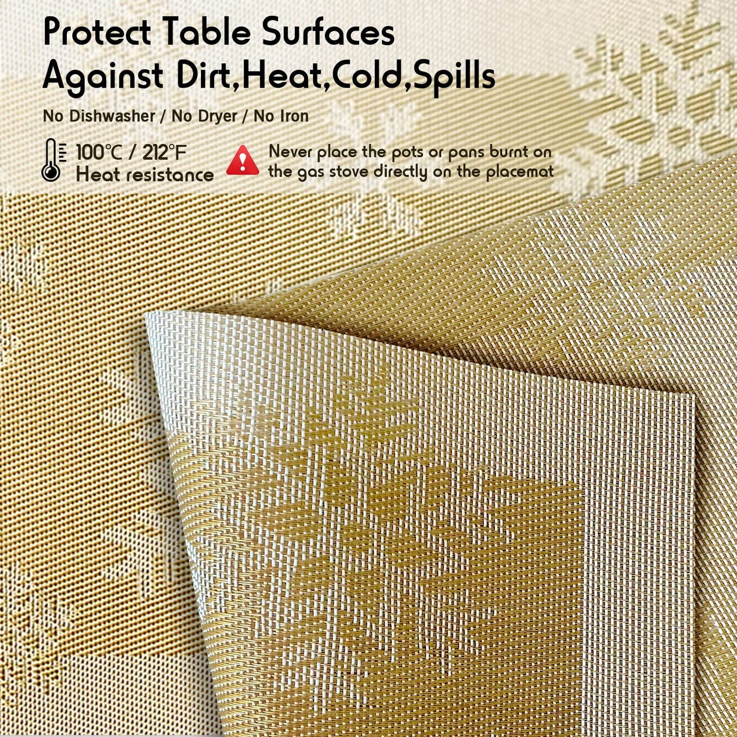 RIMOBUL Christmas Placemats Set of 6 Woven Vinyl Non-Slip Placemats Washable Table Mats Anti-Skid Placemats for Kitchen Table (Snow Gold)