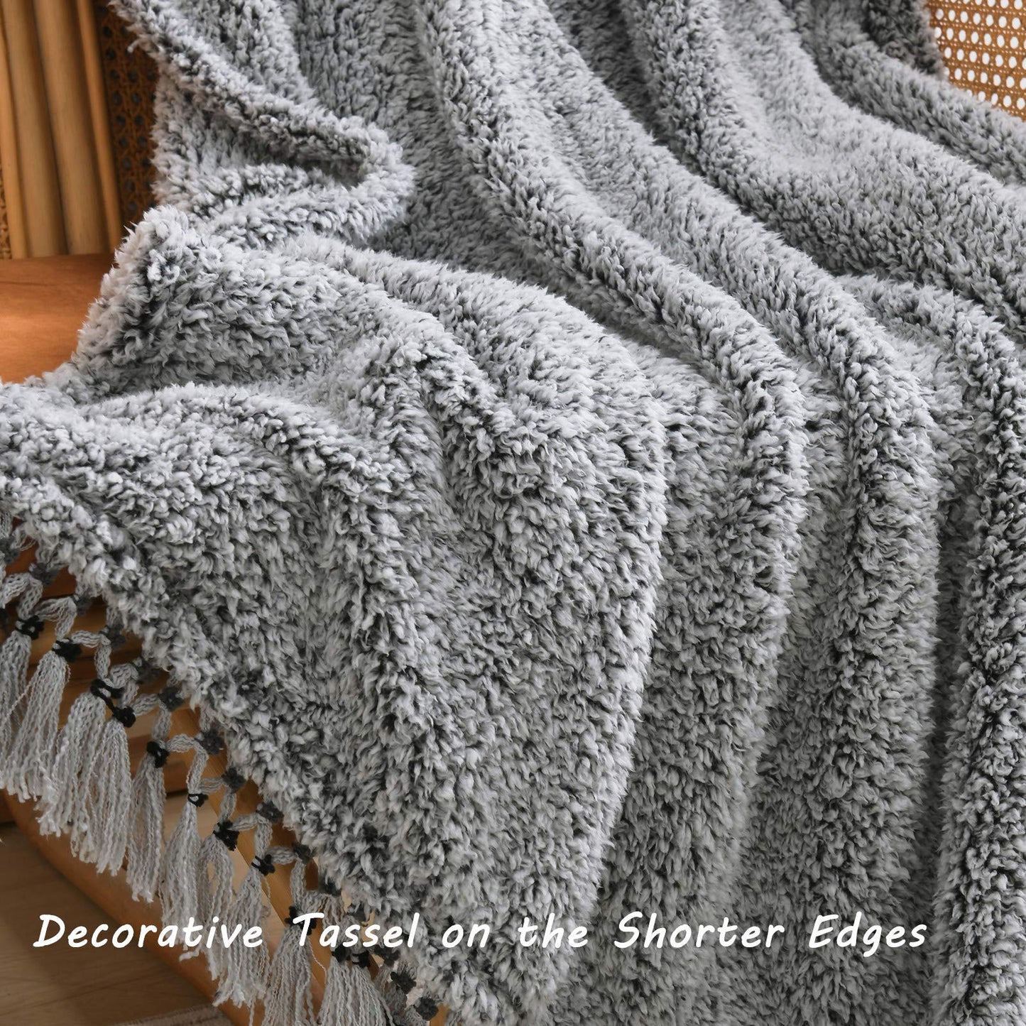 Tassled Ombre Black Soft Cozy Sherpa Throw Blanket
