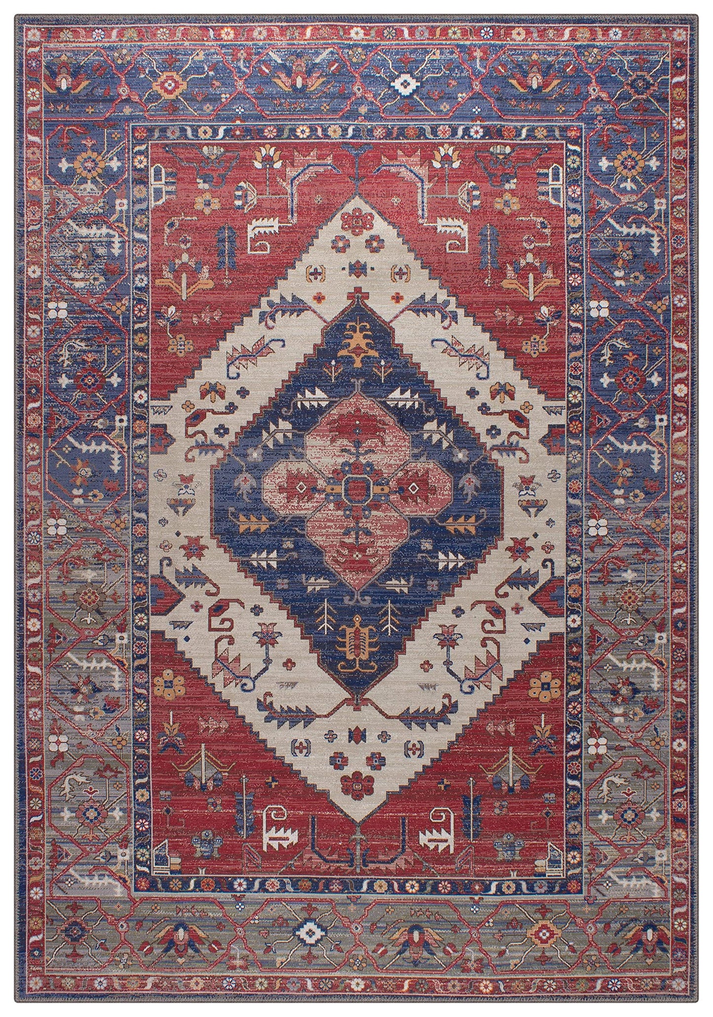 GLN Rugs Machine Washable Area Rug, Rugs for Living Room, Rugs for Bedroom, Bathroom Rug, Kitchen Rug, Printed Vintage Rug, Home Decor Traditional Carpet (Navy/RED, 3' x 5'2")