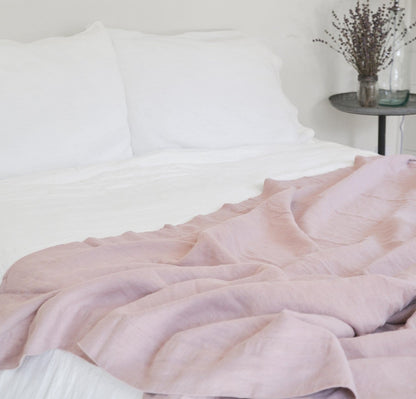white linen sheets and dusty rose pink linen summer bedding - summer cover lightweight linen blanket