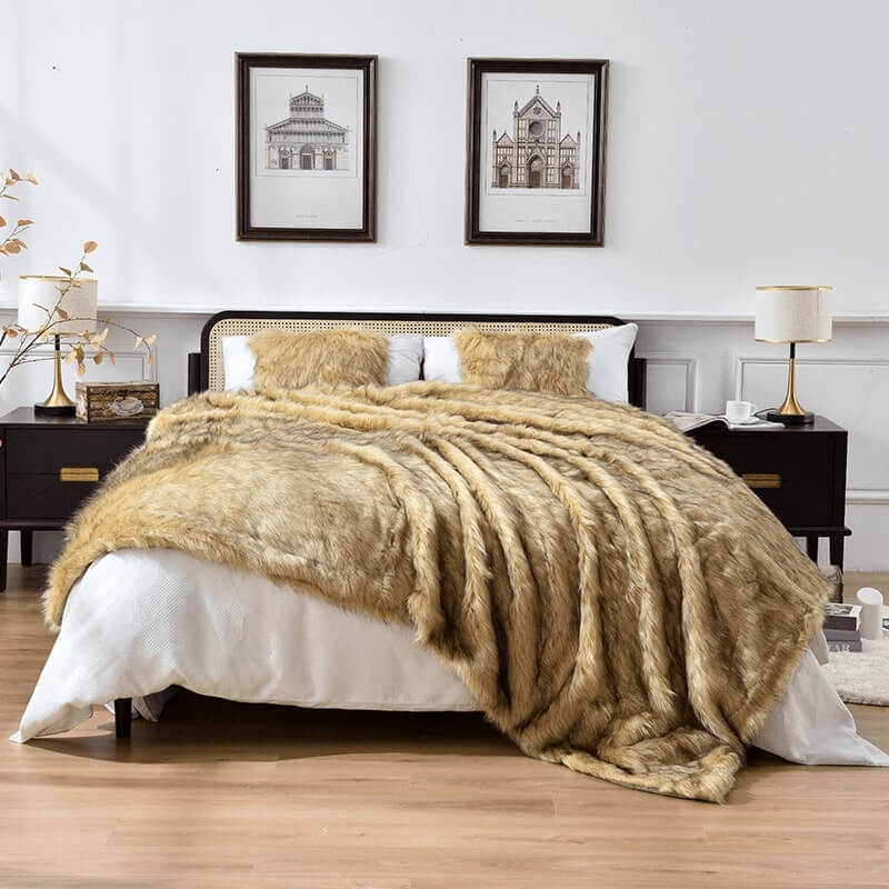 A golden faux fur throw blanket on the bed. Can also be used as faux fur duvet cover. Easy to clean and keep warm. Queen size and king size are available.