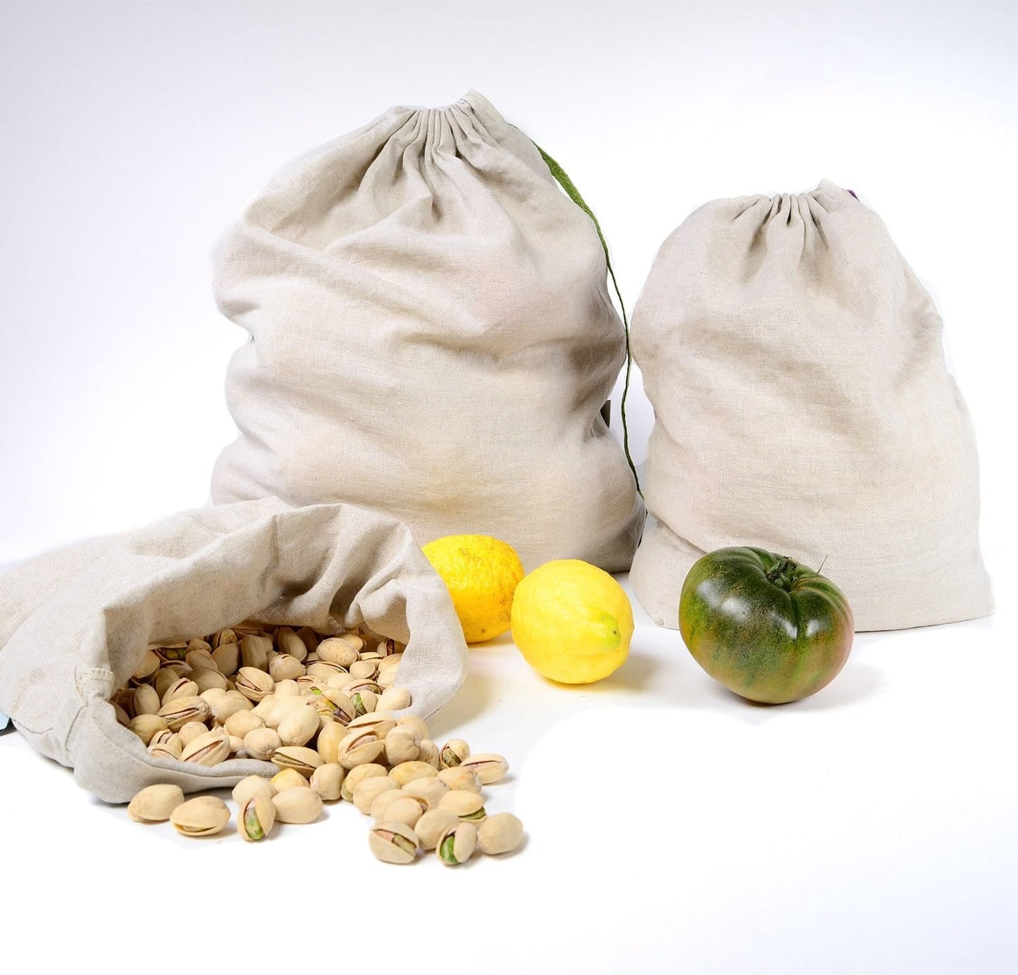 fruits and vegetables inside 100% linen produce bags strong durable linen fabric antimicrobial multi-use shopping bags