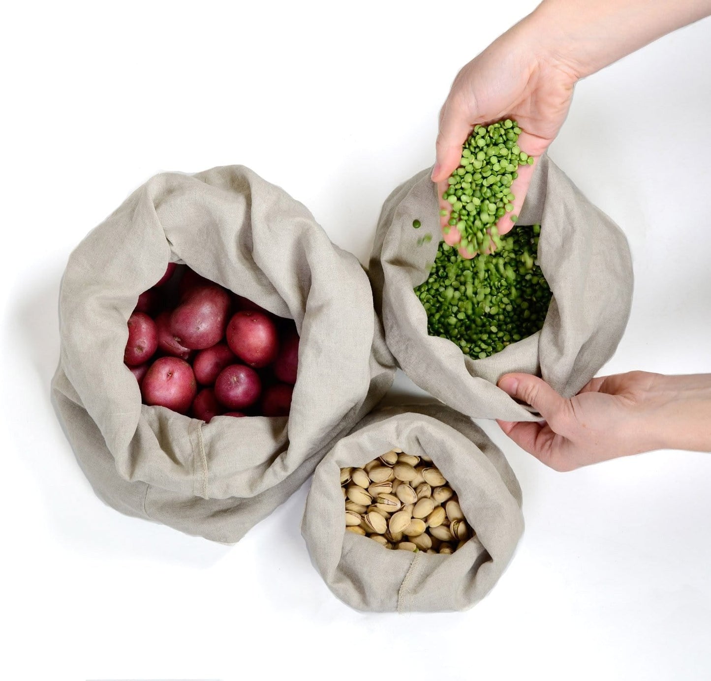 fruits and vegetables inside 100% linen produce bags strong durable linen fabric antimicrobial multi-use shopping bags